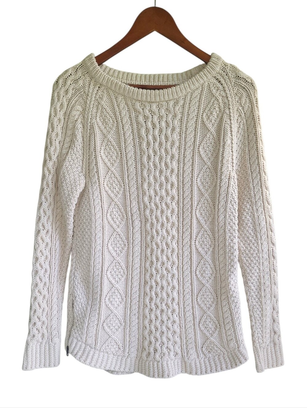 LLBean Classic Cable Knit Fishermans Sweater Cream 100% Cotton Womens XS